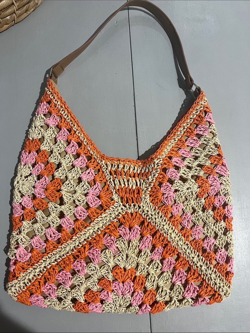 Crocheted Boho Hobo Bag in Orange, Pink & Cream